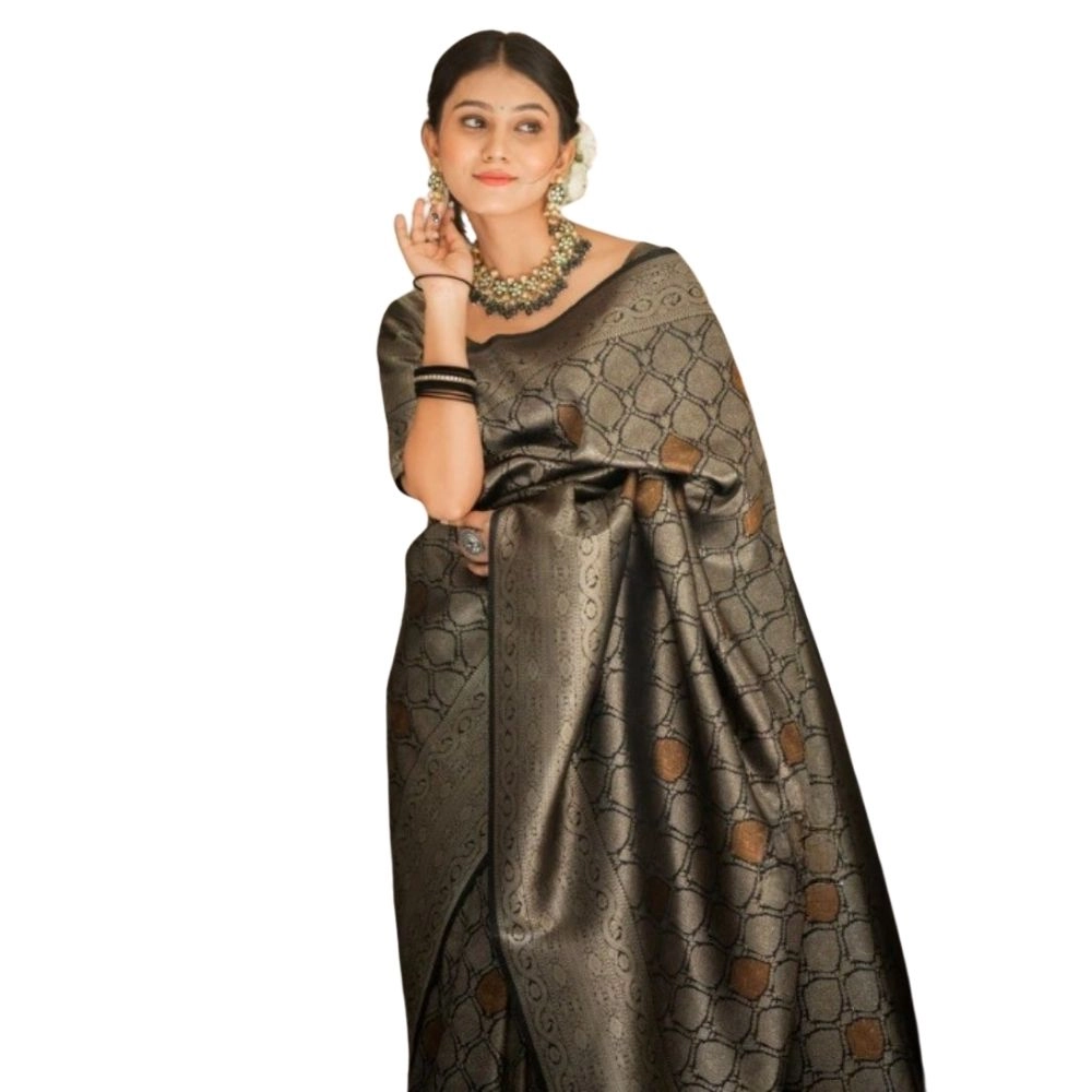 Women's Silk Printed Saree With Unstitched Blouse 5.5Mtr (Black)