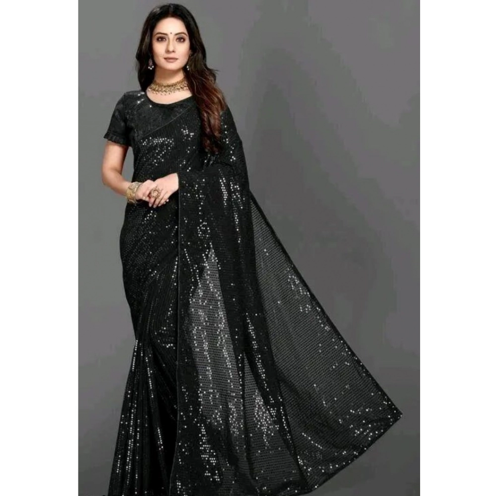 Women's Georgette Embellished Sequnece Bollywood Saree With Unstitched Blouse 5.5Mtr (Black)