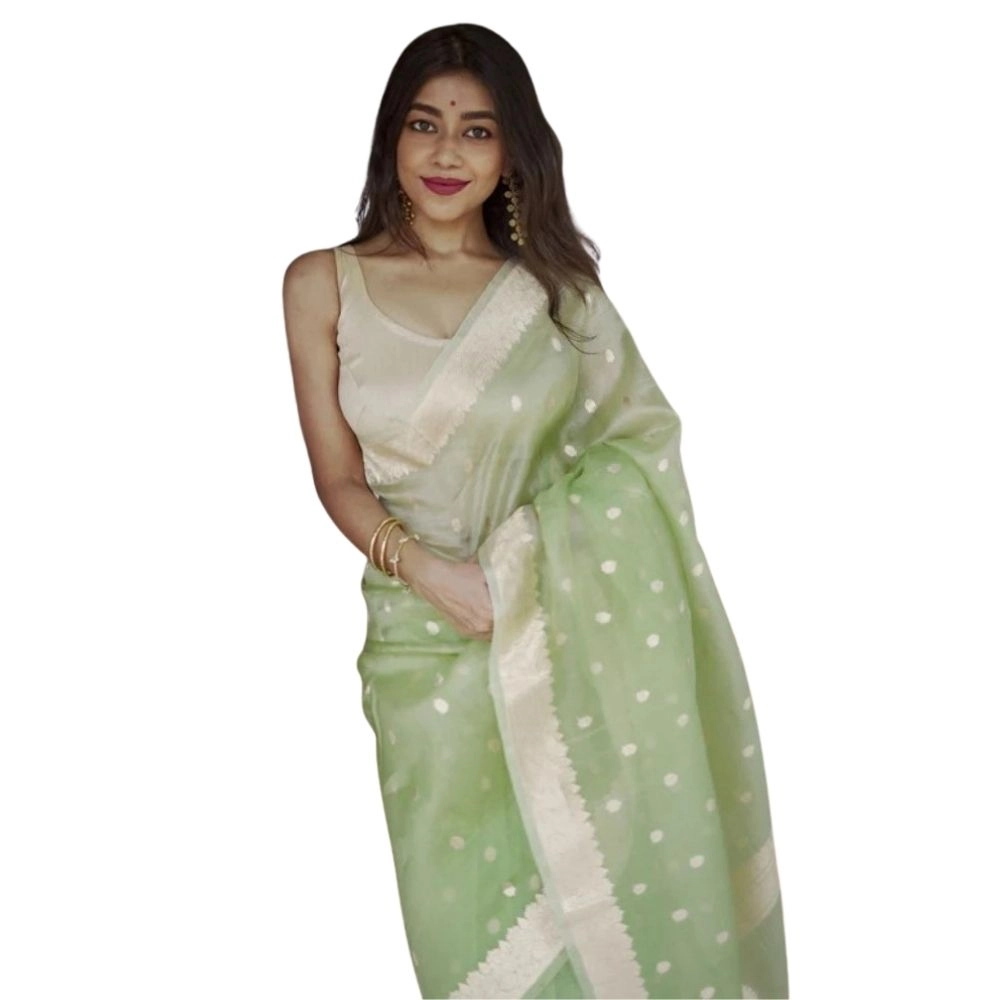 Women's Cotton  Printed Saree With Unstitched Blouse 5.5Mtr (Pista)