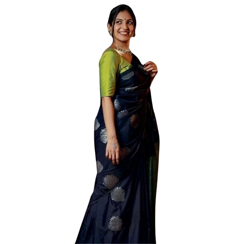 Women's Silk Printed Saree With Unstitched Blouse 5.5Mtr (Navy Blue)