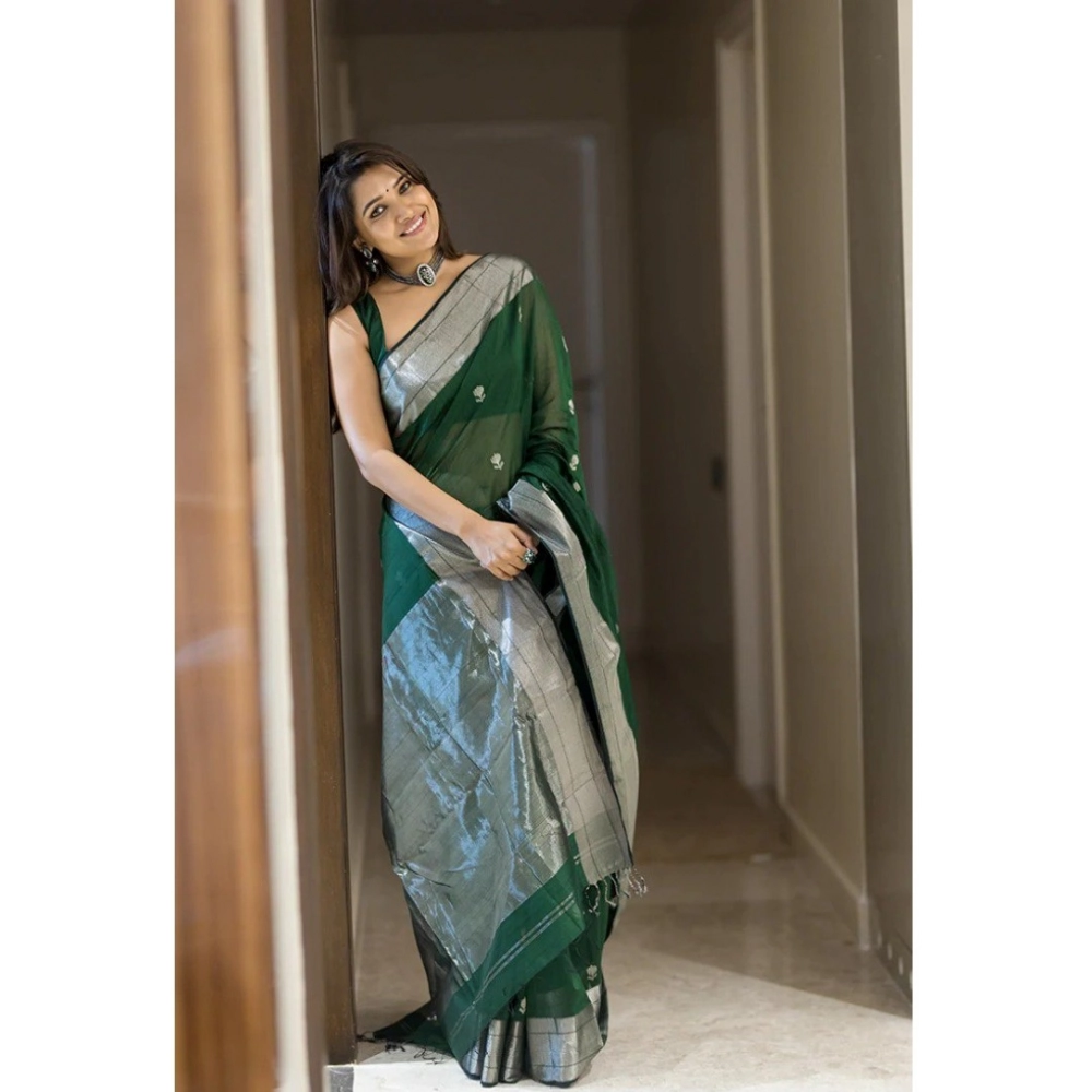 Women's Cotton  Printed Saree With Unstitched Blouse 5.5Mtr (Green)
