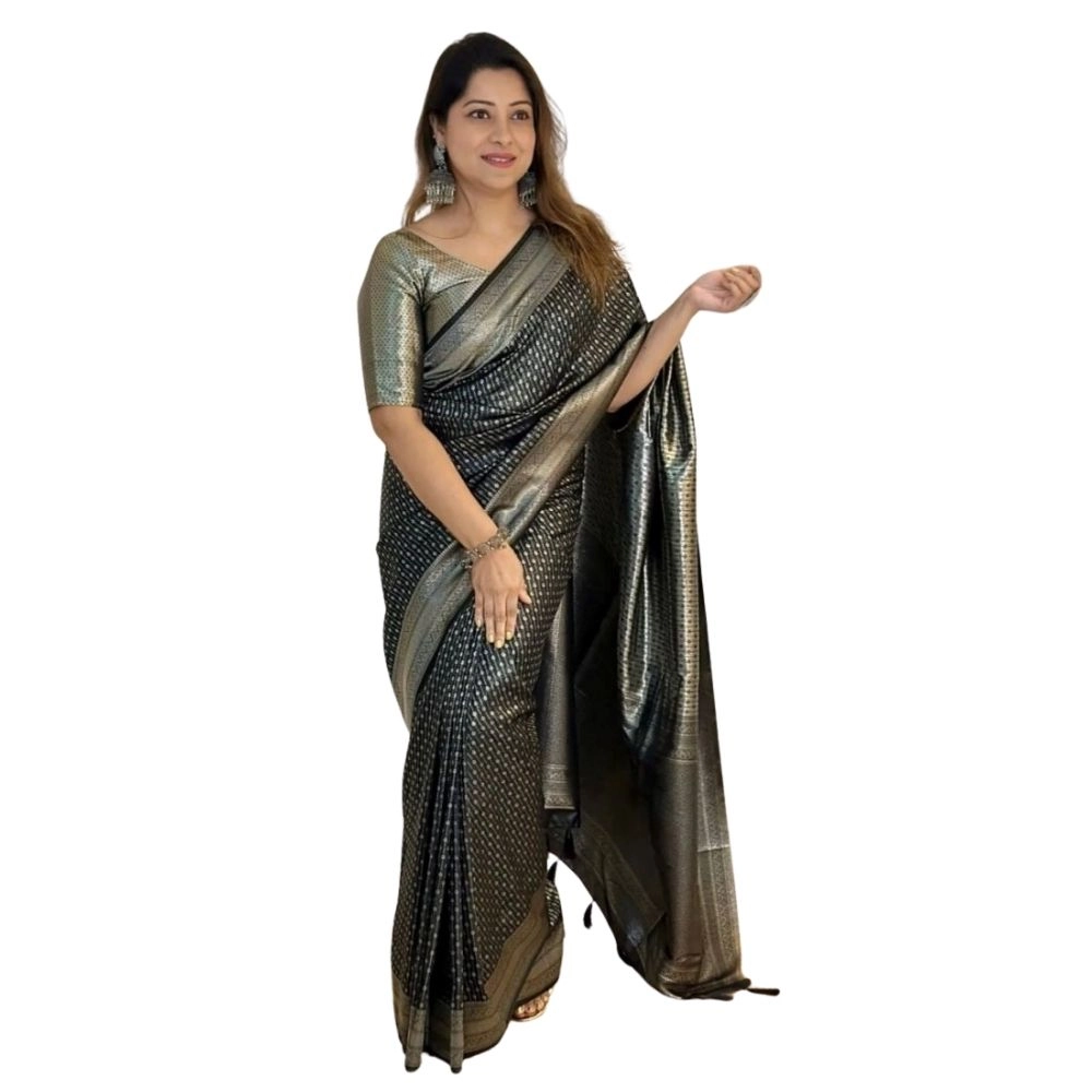 Women's Silk Printed Saree With Unstitched Blouse 5.5Mtr (Black)