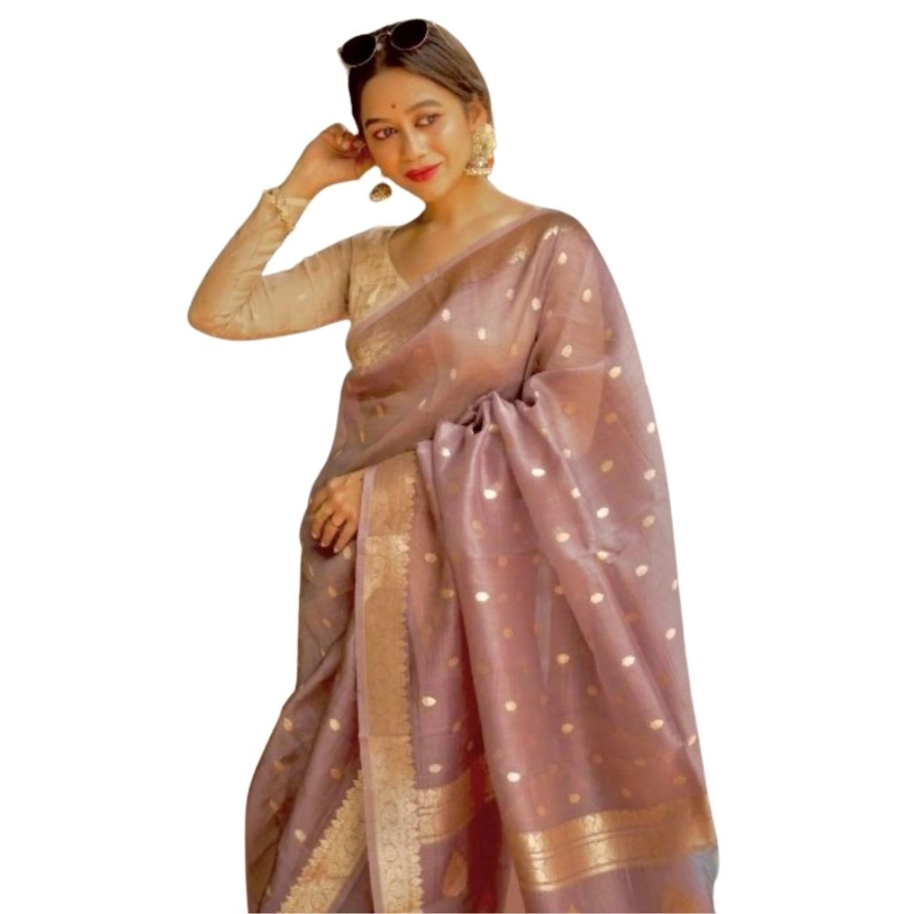 Women's Cotton  Printed Saree With Unstitched Blouse 5.5Mtr (Rose Gold)