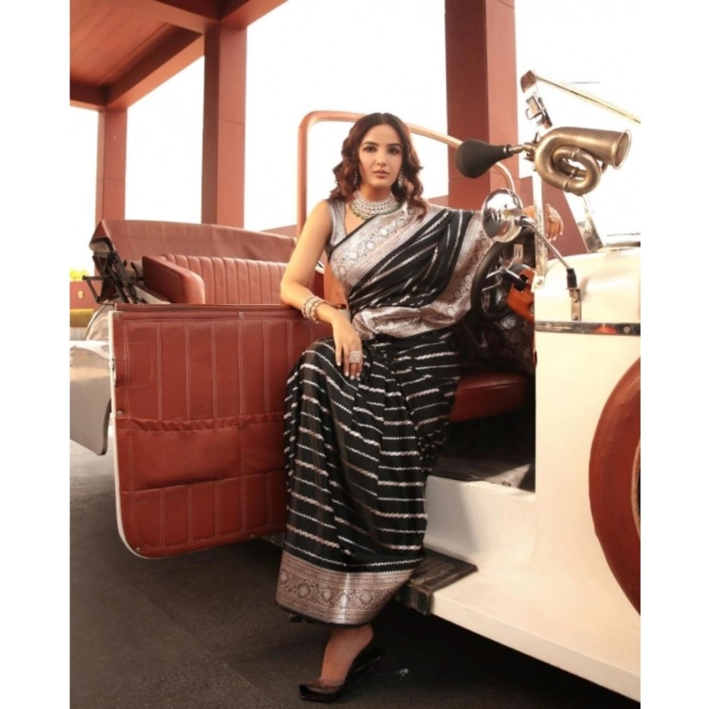 Women's Silk Printed Saree With Unstitched Blouse 5.5Mtr (Black)