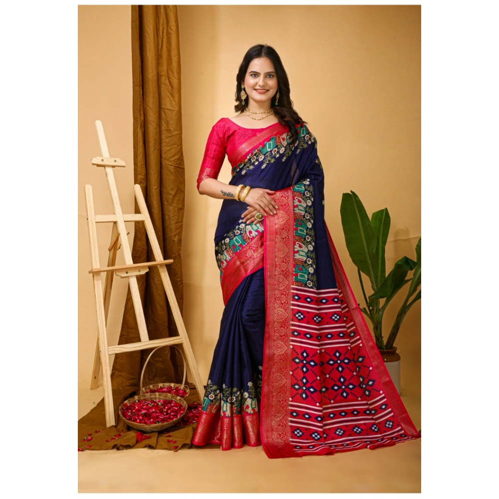 Women's Soft Dola Cotton Kalamkari Printed Saree With Unstitched Blouse 5.5Mtr (Navy Blue)