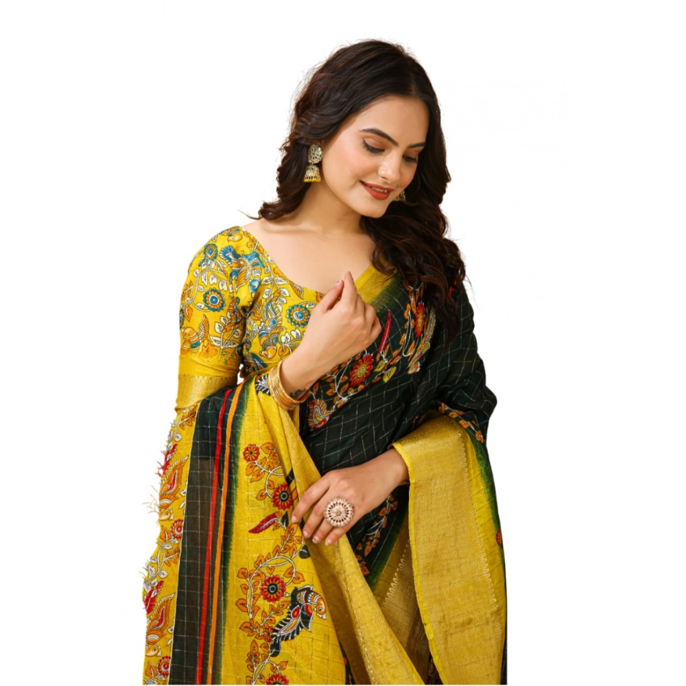 Women's Soft Dola Cotton Kalamkari Printed Saree With Unstitched Blouse 5.5Mtr (Green)