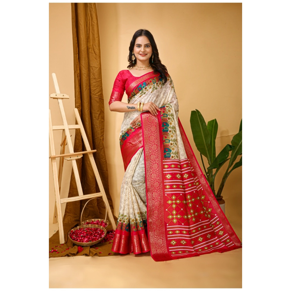 Women's Soft Dola Cotton Kalamkari Printed Saree With Unstitched Blouse 5.5Mtr (White)