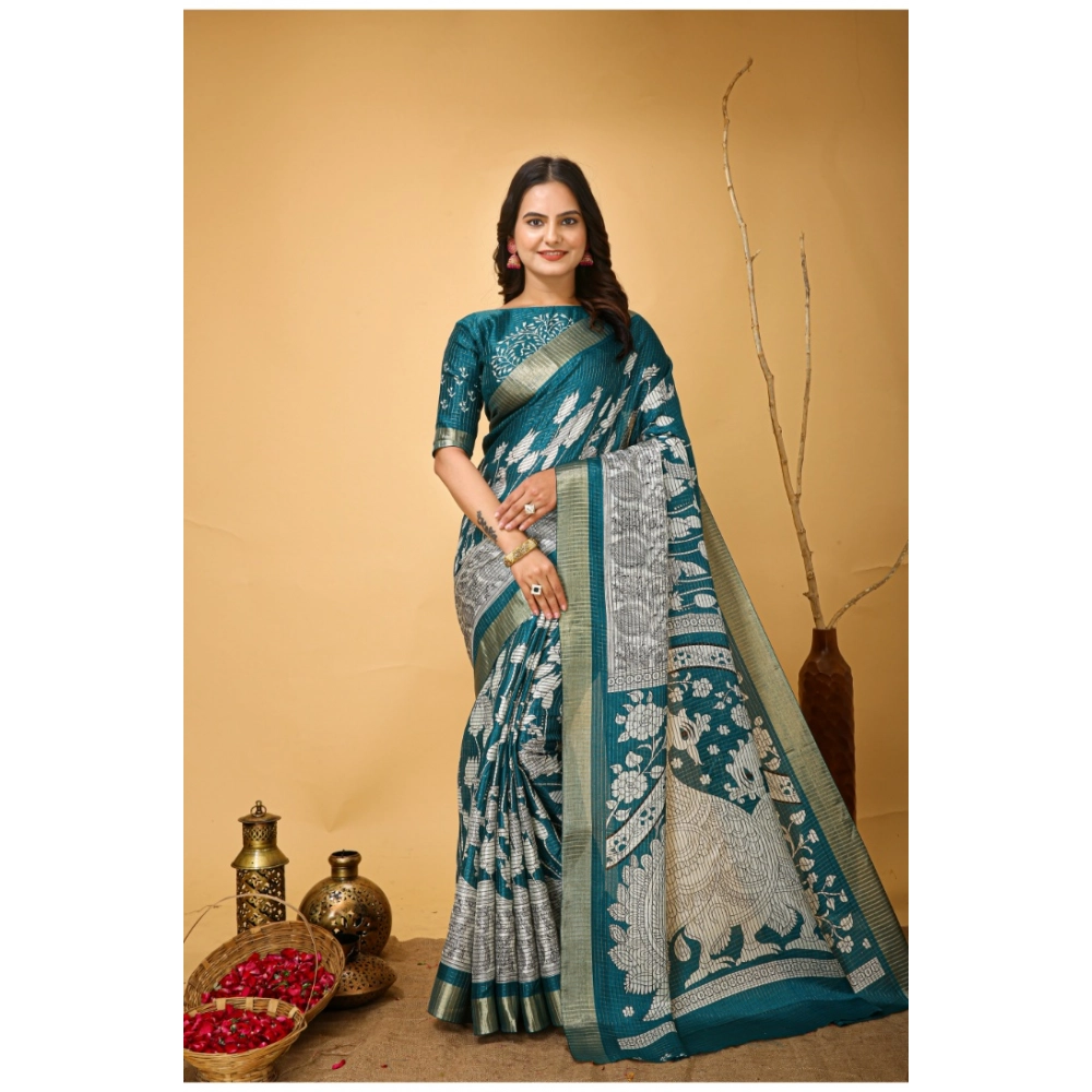 Women's Soft Handloom Cotton Kalamkari Printed Saree With Unstitched Blouse 5.5Mtr (Turquoise)