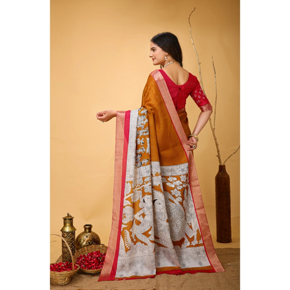 Women's Soft Handloom Cotton Kalamkari Printed Saree With Unstitched Blouse 5.5Mtr (Mustard) - Image 3