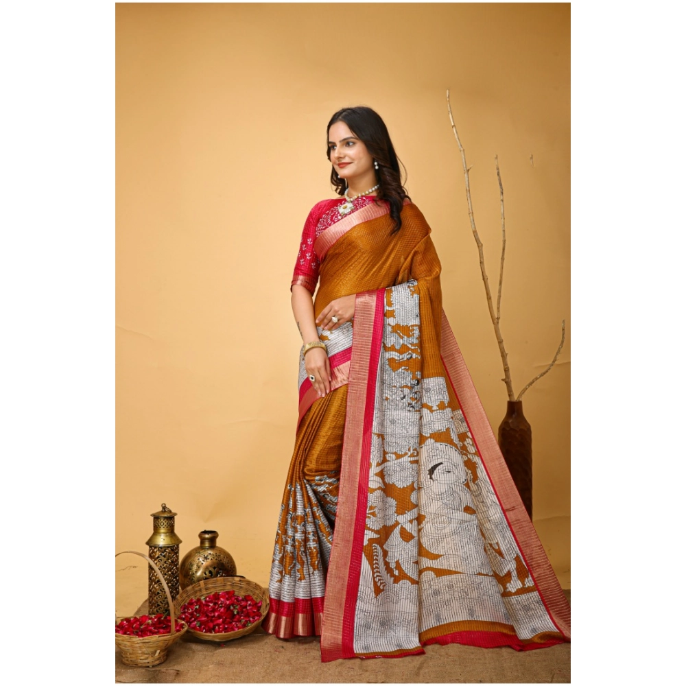 Women's Soft Handloom Cotton Kalamkari Printed Saree With Unstitched Blouse 5.5Mtr (Mustard) - Image 4