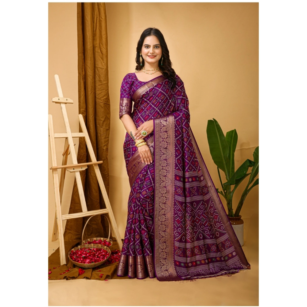 Women's Soft Dola Cotton Kalamkari Printed Saree With Unstitched Blouse 5.5Mtr (Purple)