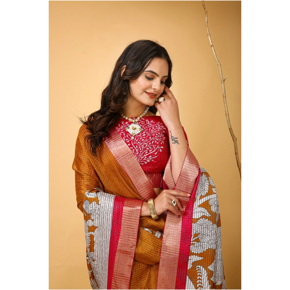 Women's Soft Handloom Cotton Kalamkari Printed Saree With Unstitched Blouse 5.5Mtr (Mustard) - Image 2