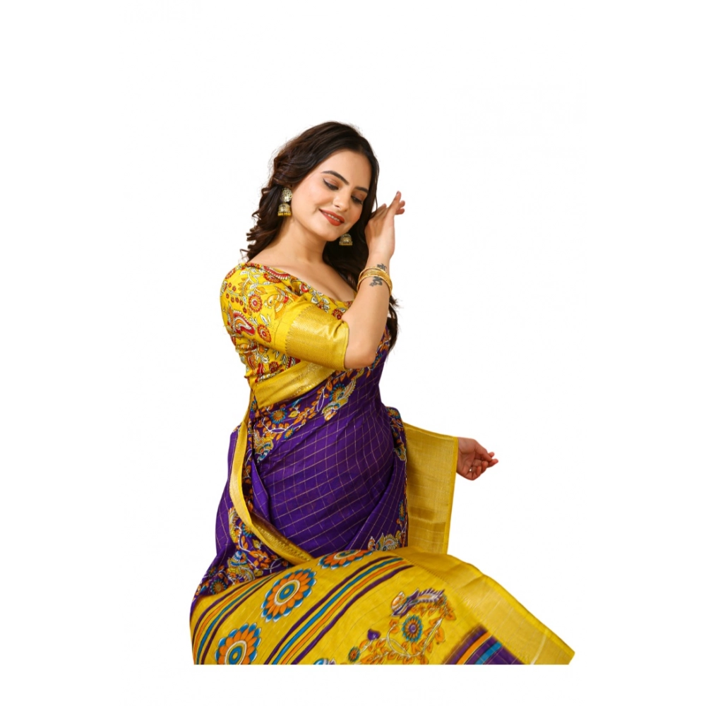 Women's Soft Dola Cotton Kalamkari Printed Saree With Unstitched Blouse 5.5Mtr (Purple)
