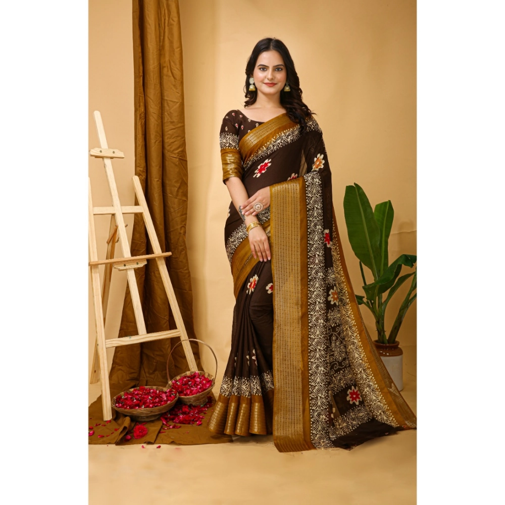 Women's Soft Blooming Marshmallow Fabric Kalamkari Printed Saree With Unstitched Blouse 5.5Mtr (Brown)