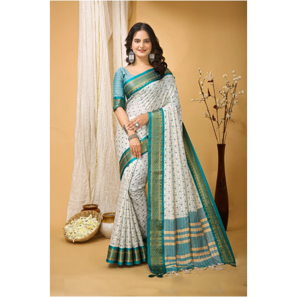 Women's Soft Cotton Silk Printed Saree With Unstitched Blouse 5.5Mtr (Rama Green)