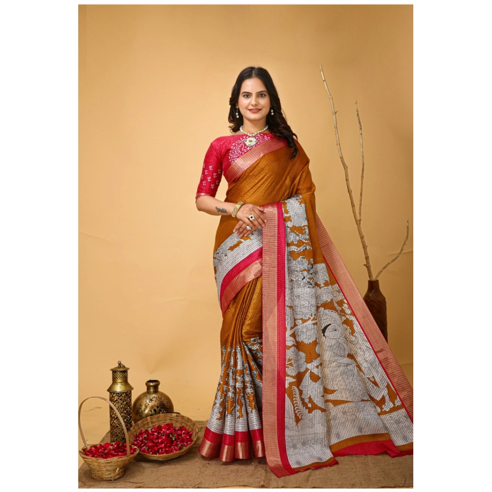 Women's Soft Handloom Cotton Kalamkari Printed Saree With Unstitched Blouse 5.5Mtr (Mustard)