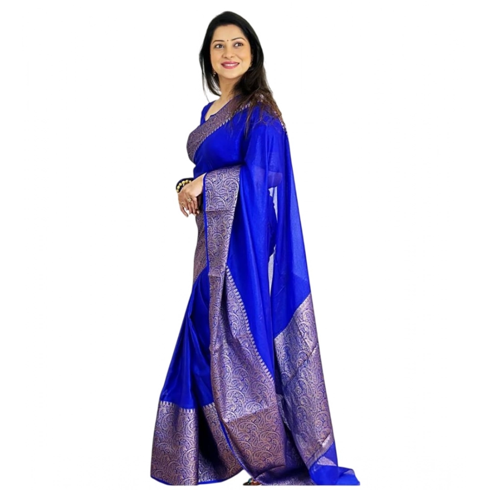 Women's Soft Lichi Silk Solid Saree With Unstitched Blouse 5.5Mtr (Blue)