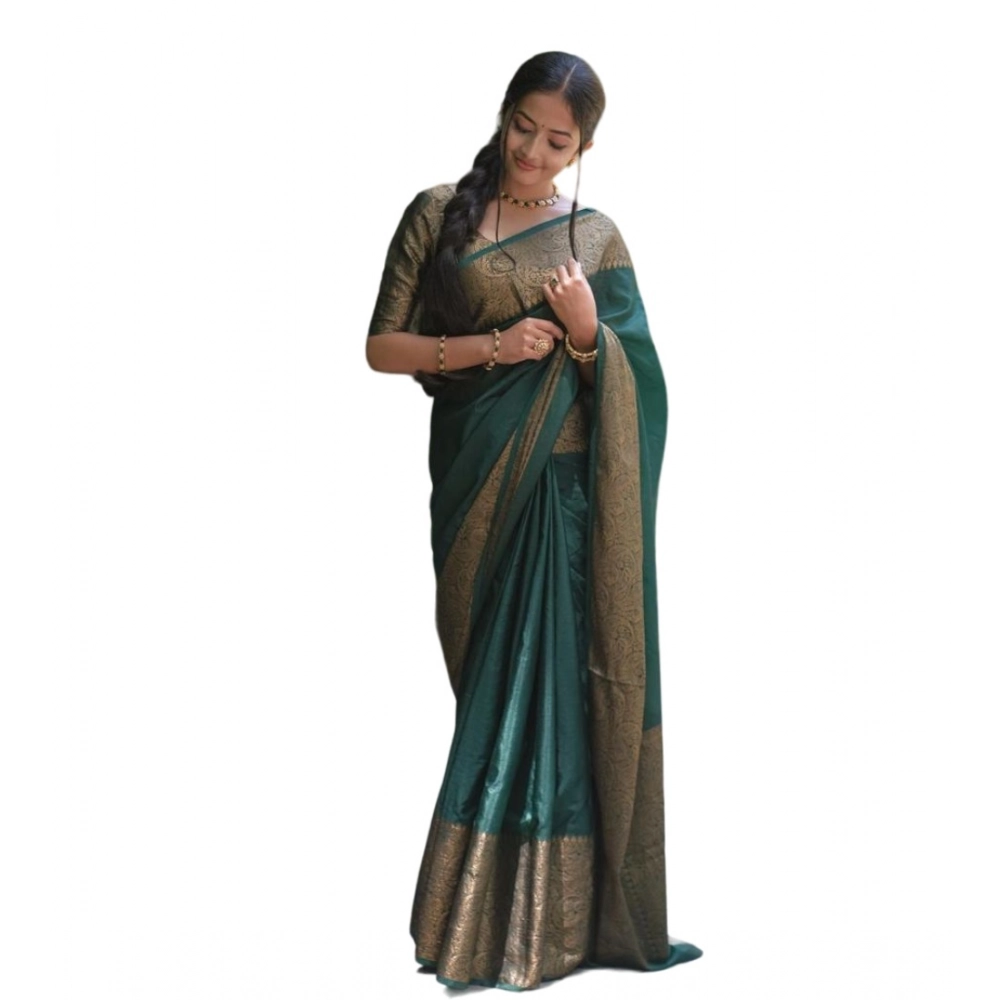 Women's Soft Lichi Silk Solid Saree With Unstitched Blouse 5.5Mtr (Green)