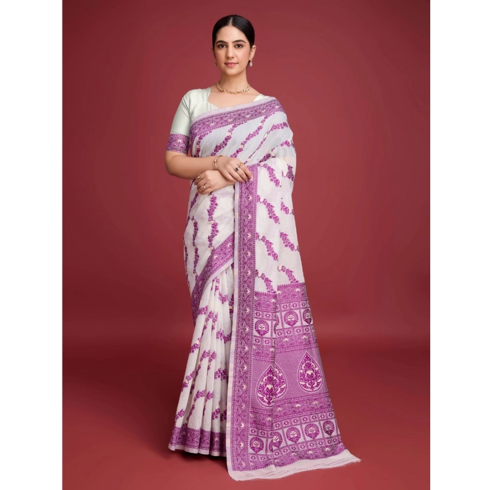 Women's Jamdani Cotton Silk Printed Saree With Unstitched Blouse 5.5Mtr (Wine)