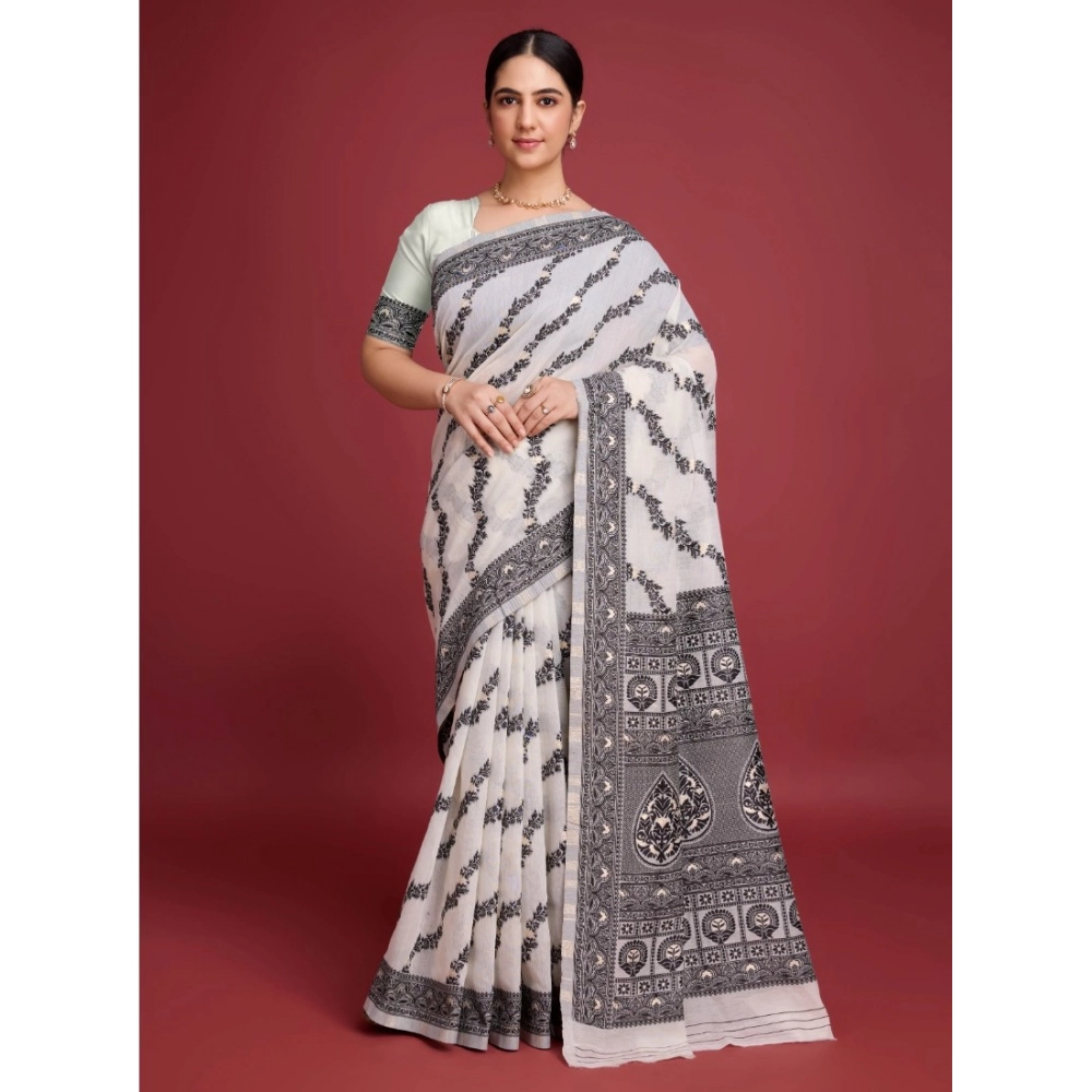 Women's Jamdani Cotton Silk Printed Saree With Unstitched Blouse 5.5Mtr (Black)