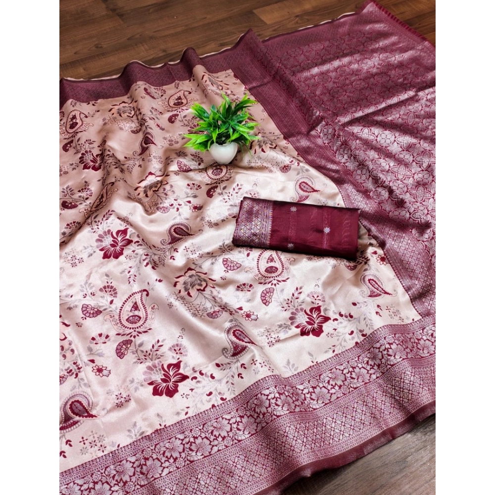 Women's Banarasi Jacquard Printed Saree With Unstitched Blouse 5.5Mtr (Wine)