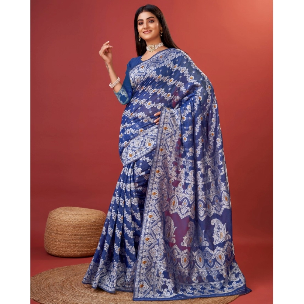 Women's Cotton Silk Printed Saree With Unstitched Blouse 5.5Mtr (Blue)