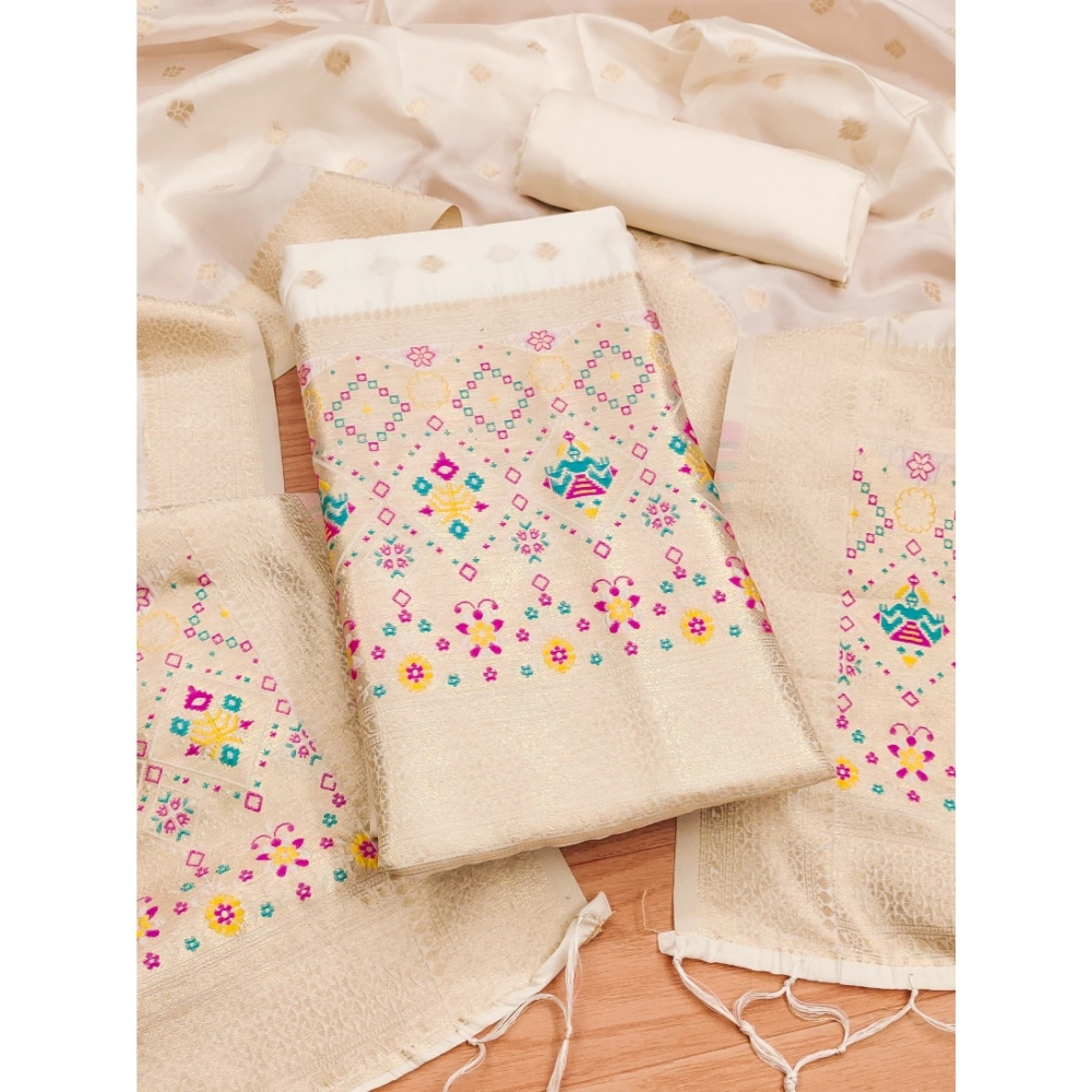 Women's Banarasi Silk Printed Unstitched Salwar Suit Material With Dupatta (White, 3Mtrs)