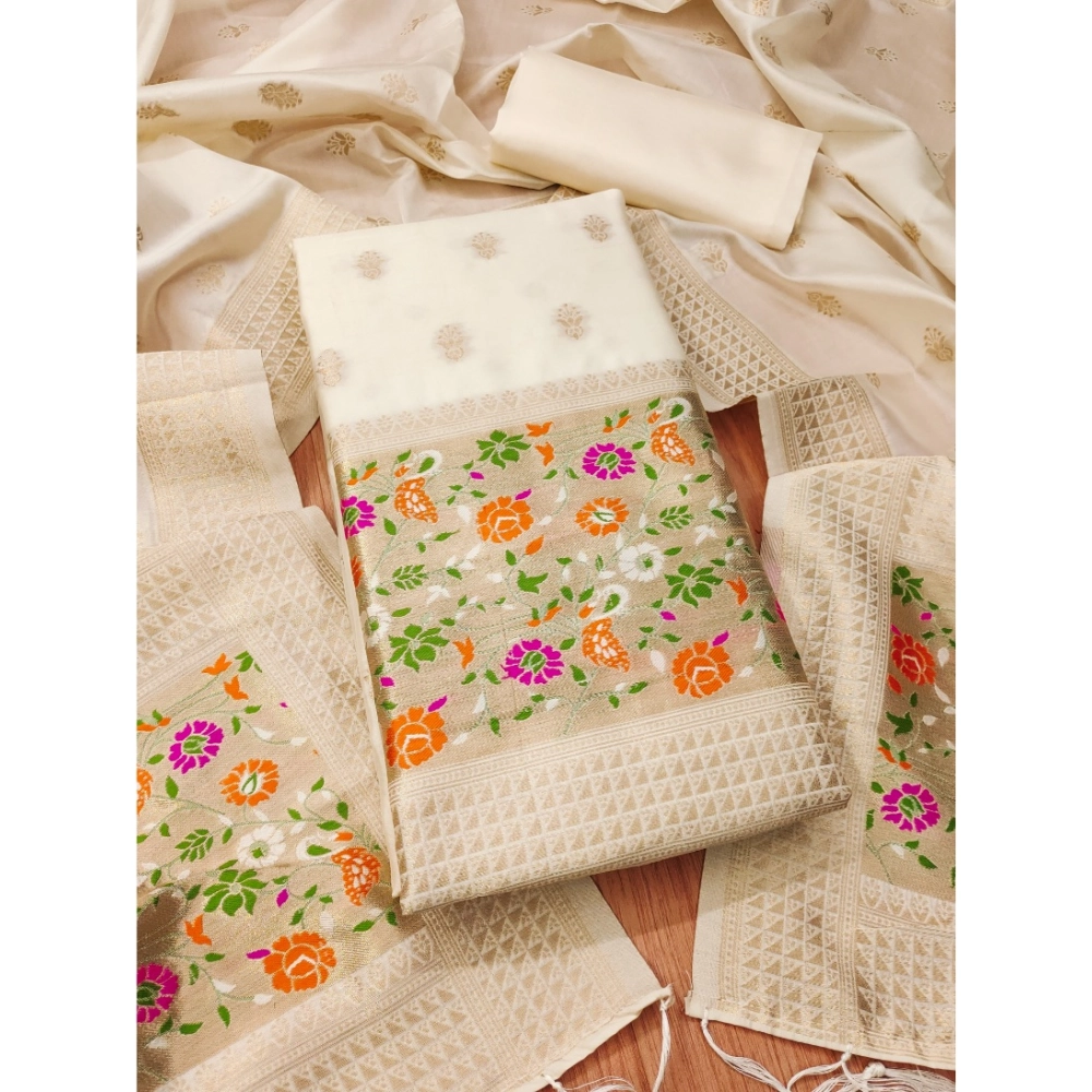 Women's Banarasi Silk Printed Unstitched Salwar Suit Material With Dupatta (White, 3Mtrs)