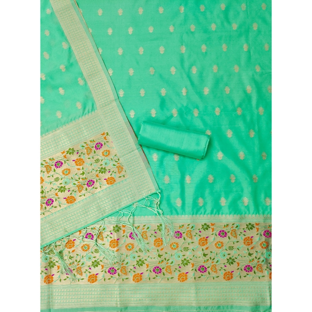 Women's Banarasi Silk Printed Unstitched Salwar Suit Material With Dupatta (Sea Green, 3Mtrs) - Image 3