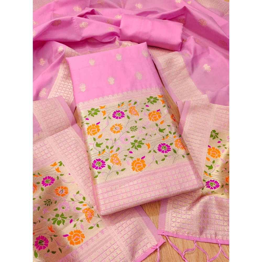 Women's Banarasi Silk Printed Unstitched Salwar Suit Material With Dupatta (Light Pink, 3Mtrs)