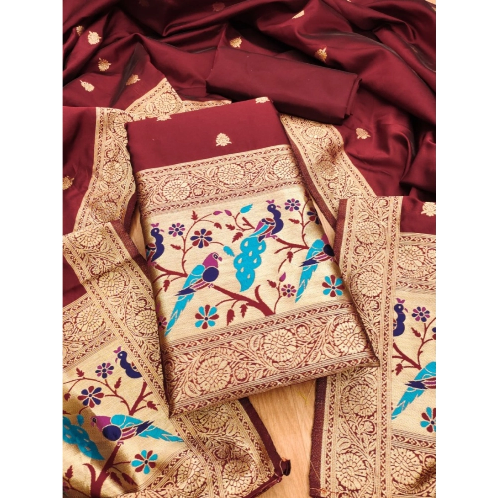 Women's Banarasi Silk Printed Unstitched Salwar Suit Material With Dupatta (Maroon, 3Mtrs)