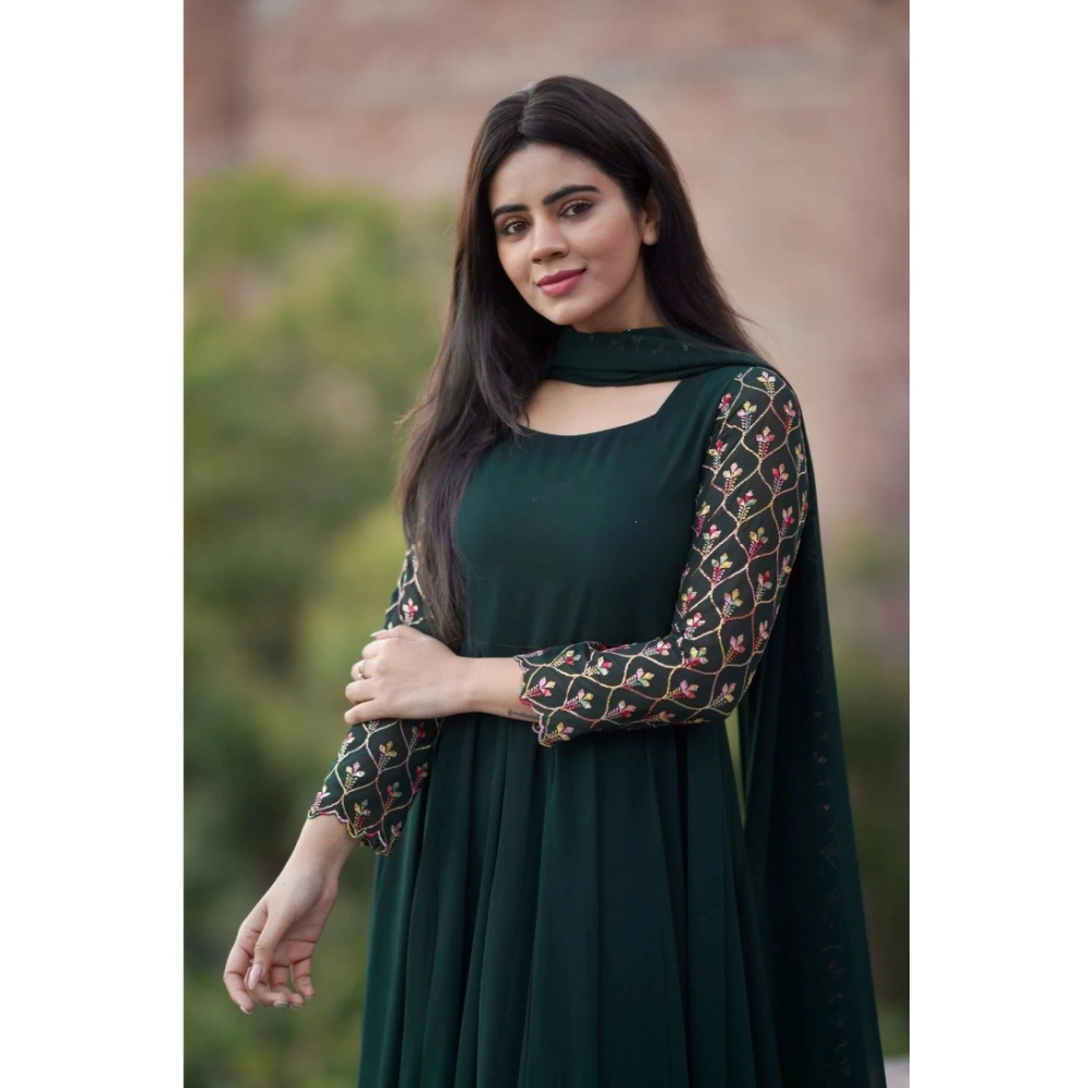 Women's Georgette Embroidery 3-4th Sleeve Round Neck Kurti with Dupatta Set (Green) - Image 3