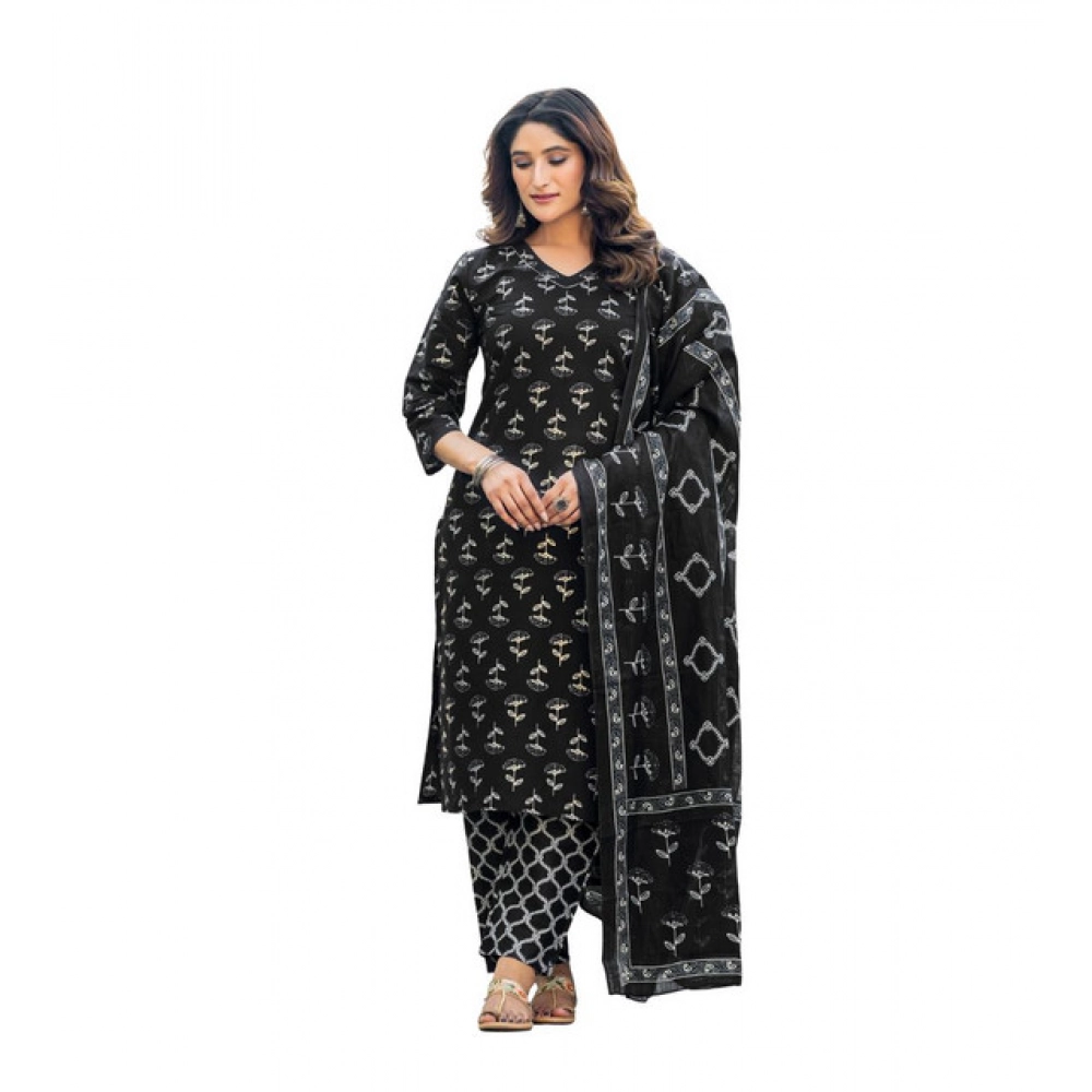 Women's Cotton Blend Printed Kurti With Pant Dupatta Set (Black)