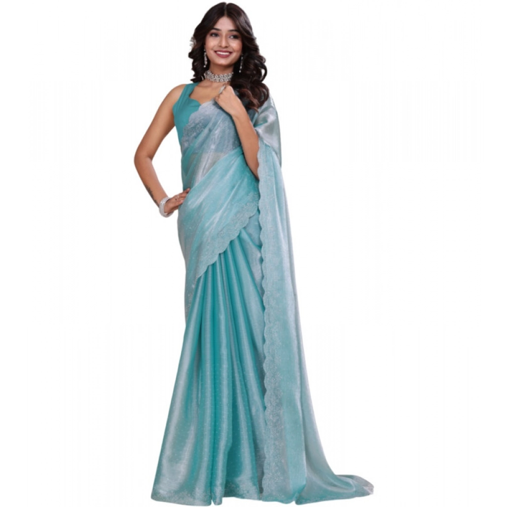 Women's Jimmy choo Embellished Bollywood Saree With Unstitched Blouse 5.5Mtr (Light Blue)