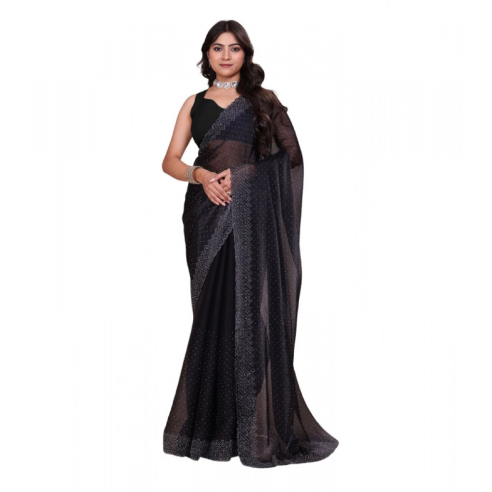 Women's Jimmy choo Embellished Bollywood Saree With Unstitched Blouse 5.5Mtr (Black)