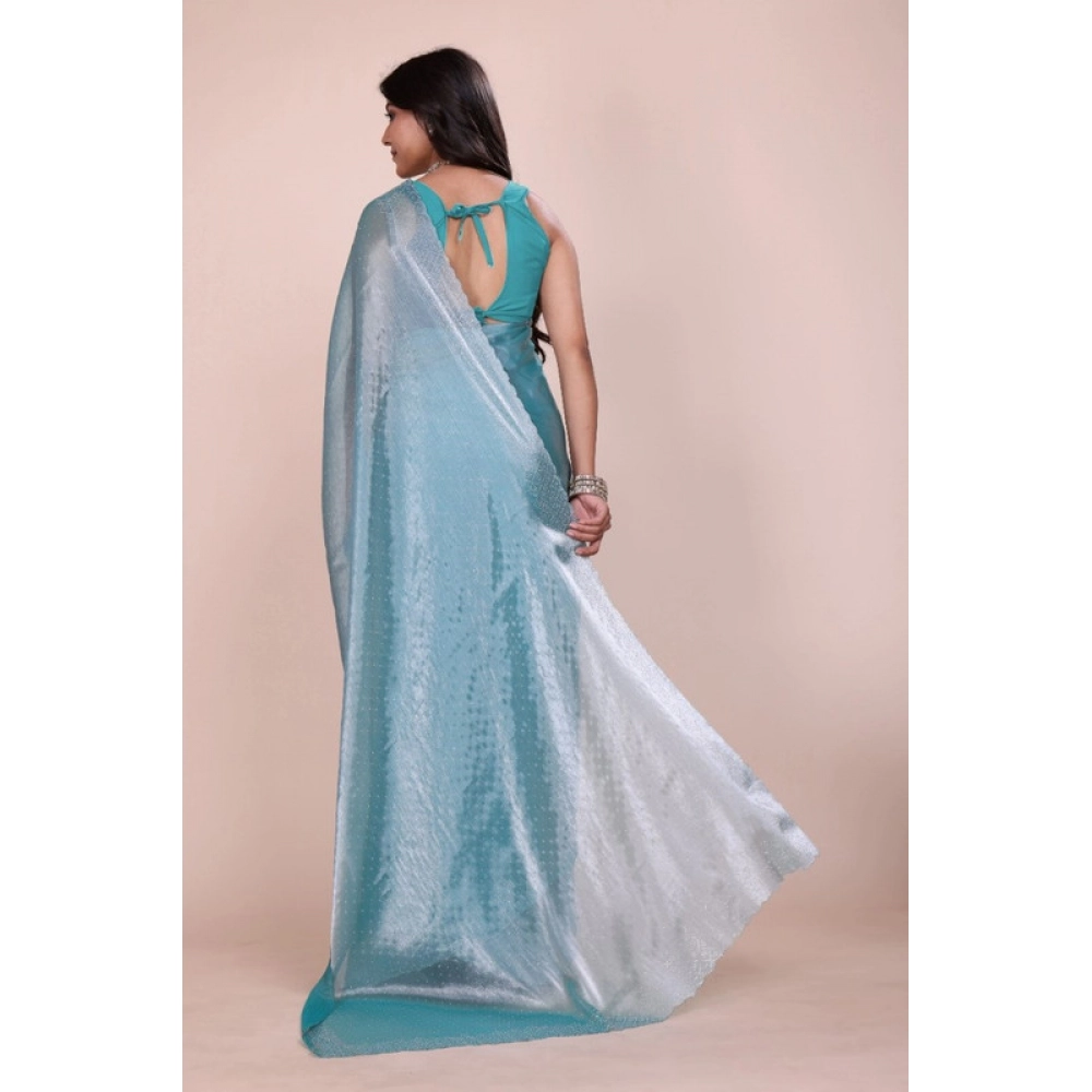 Women's Jimmy choo Embellished Bollywood Saree With Unstitched Blouse 5.5Mtr (Light Blue) - Image 2