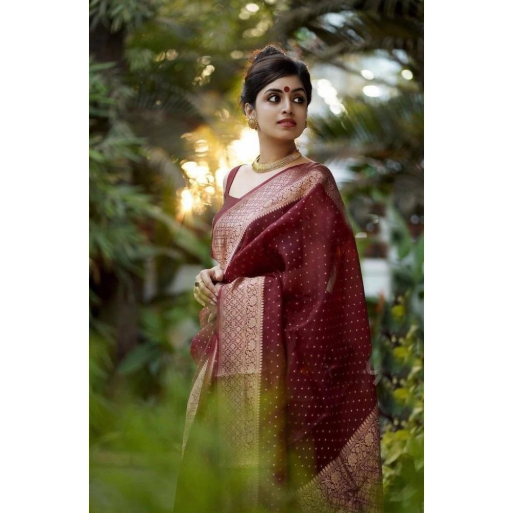 Women's Litchi silk Printed Saree With Unstitched Blouse (Maroon)