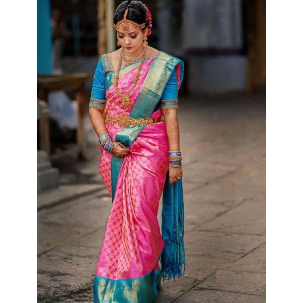 Women's Litchi silk Printed Saree With Unstitched Blouse (Pink)