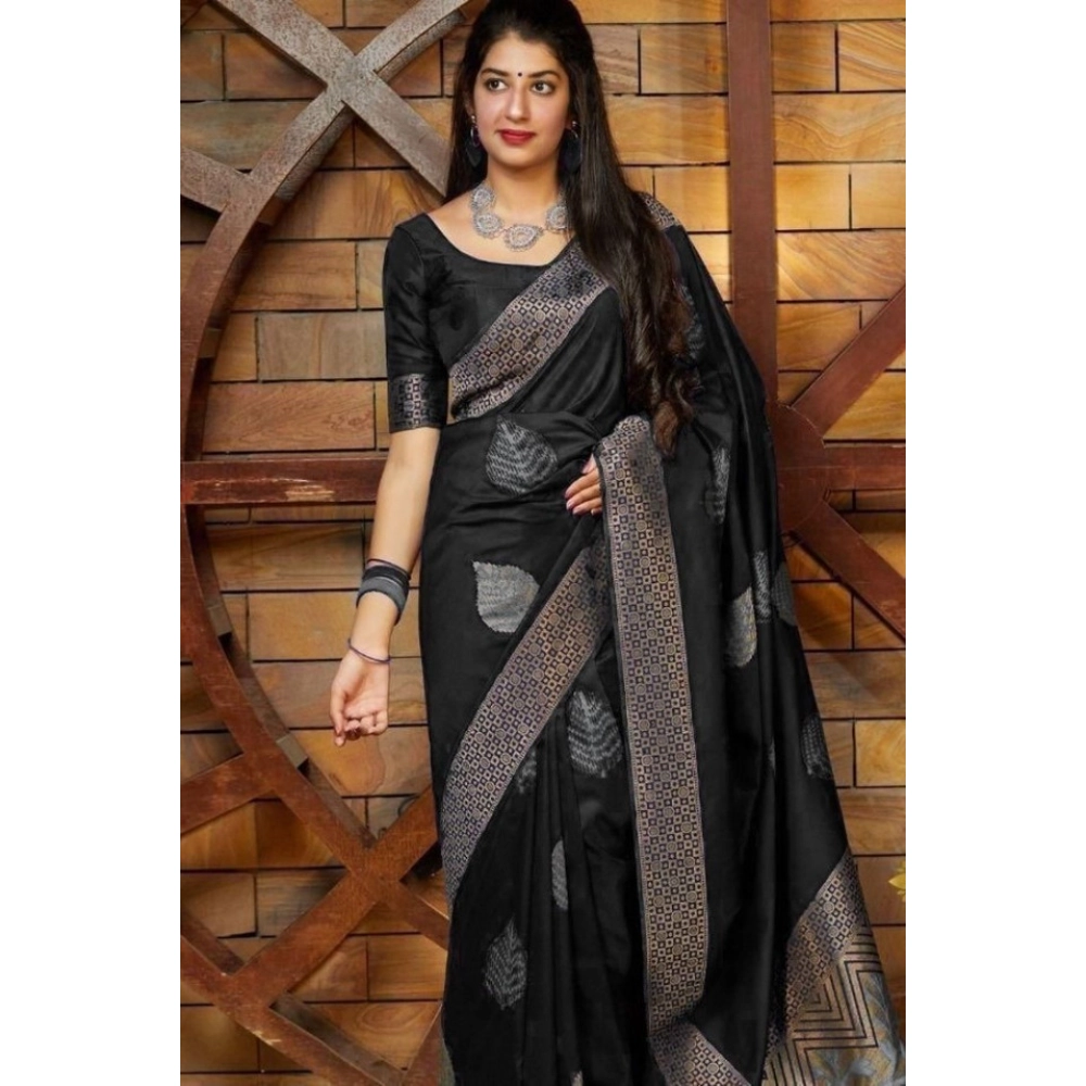 Women's Litchi silk Printed Saree With Unstitched Blouse (Black)