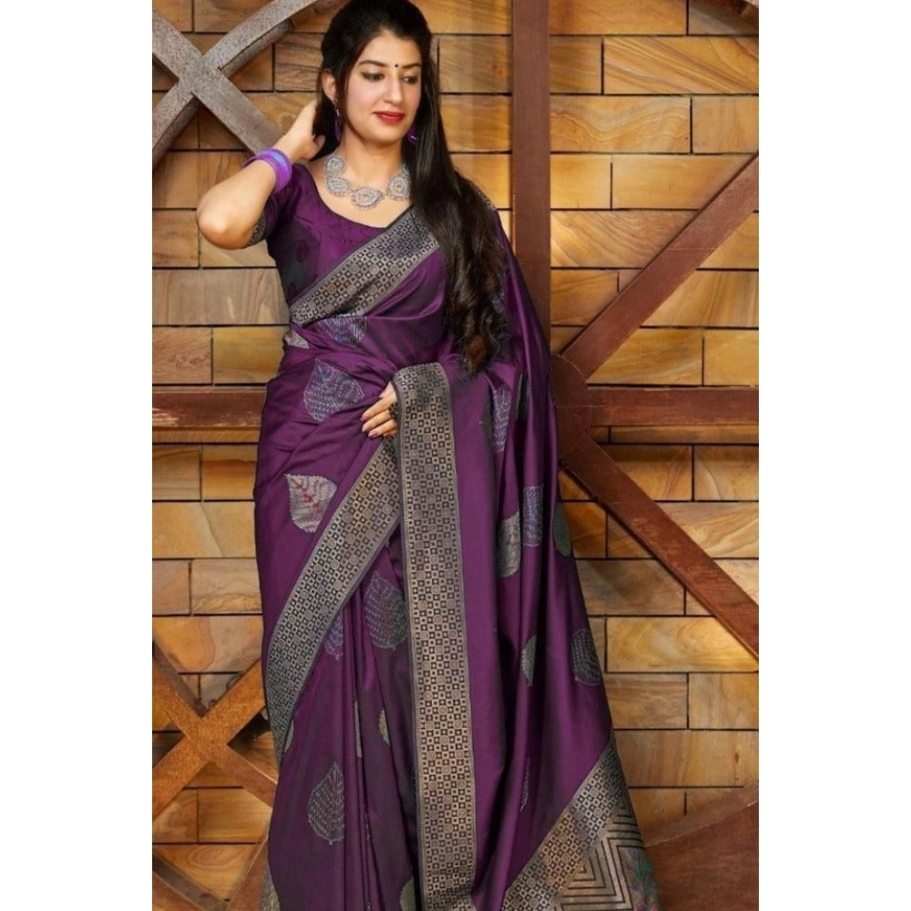 Women's Litchi silk Printed Saree With Unstitched Blouse (Purple)