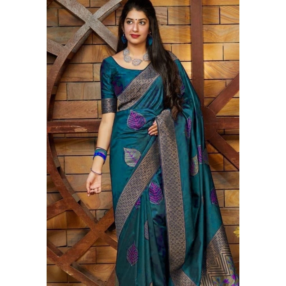 Women's Litchi silk Printed Saree With Unstitched Blouse (Rama Blue)