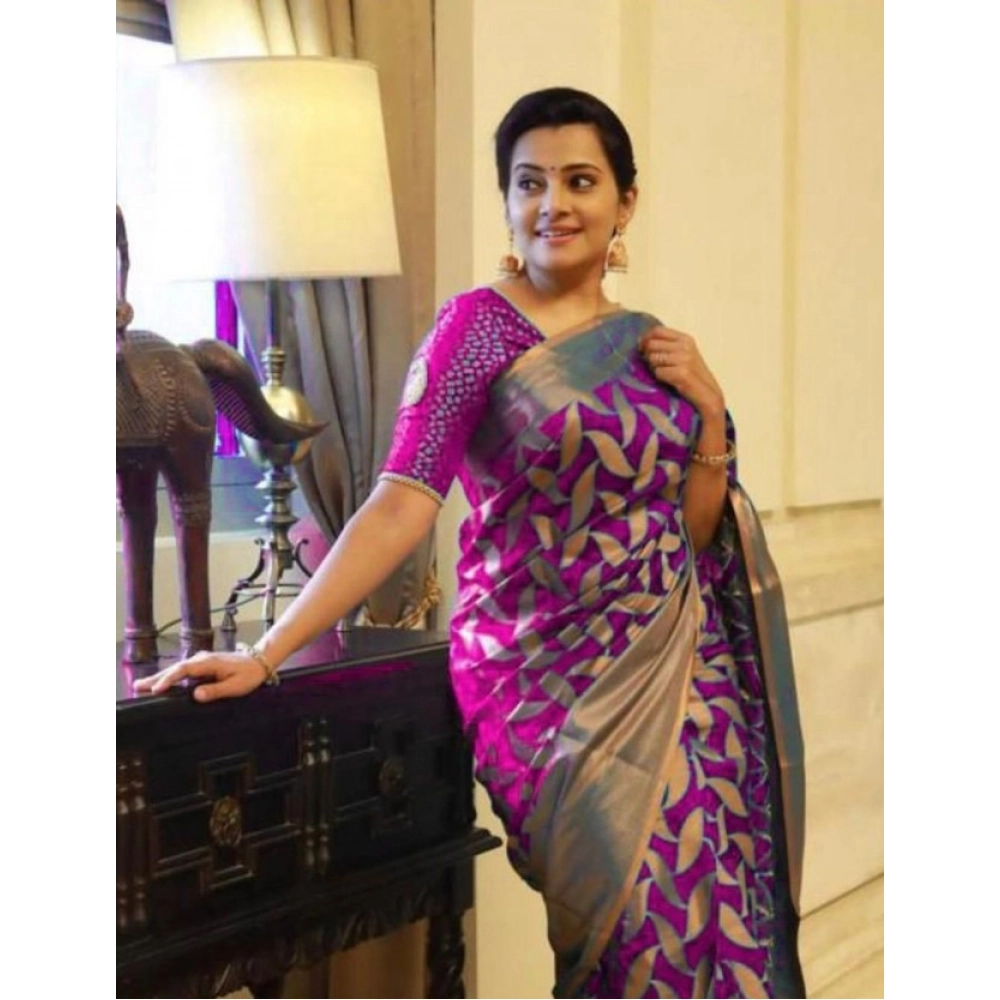 Women's Litchi silk Printed Saree With Unstitched Blouse (Pink)