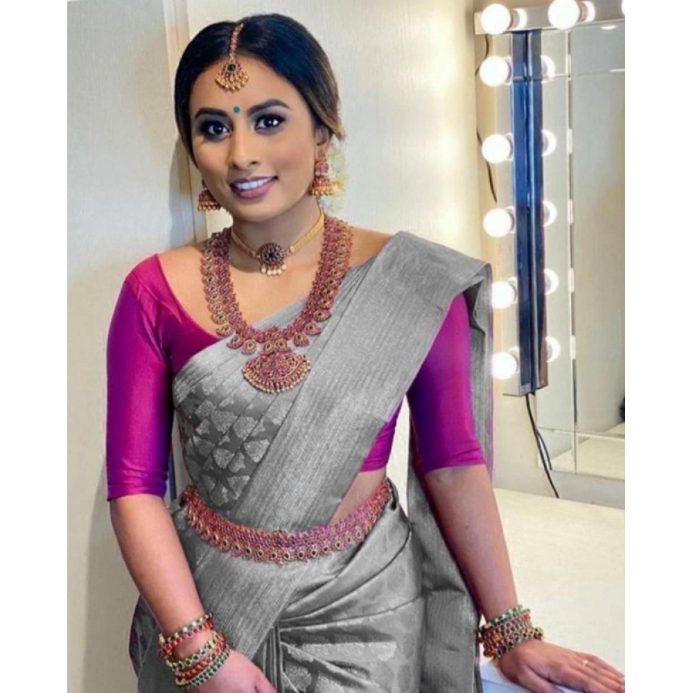 Women's Litchi silk Printed Saree With Unstitched Blouse (Grey)