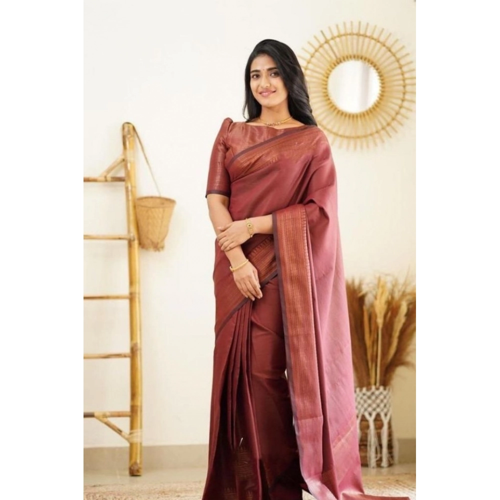 Women's Litchi silk Printed Saree With Unstitched Blouse (Maroon)