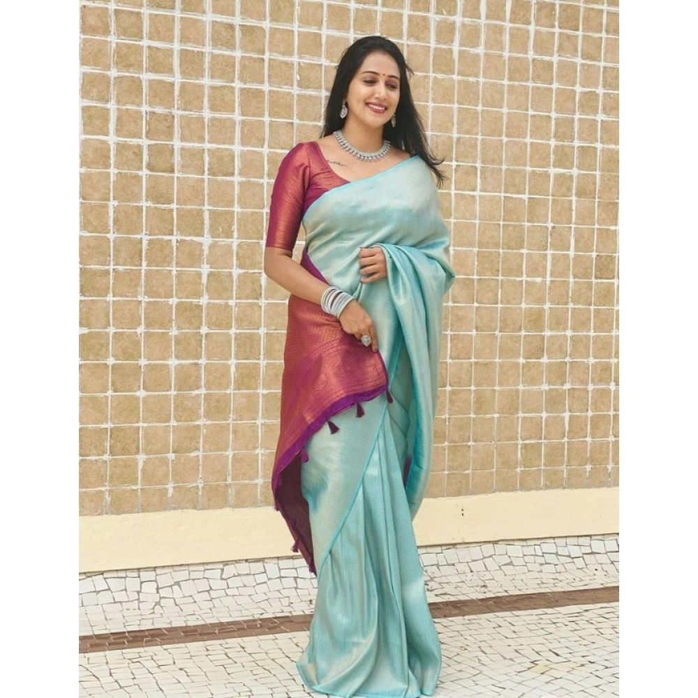 Women's Litchi silk Printed Saree With Unstitched Blouse (Blue)
