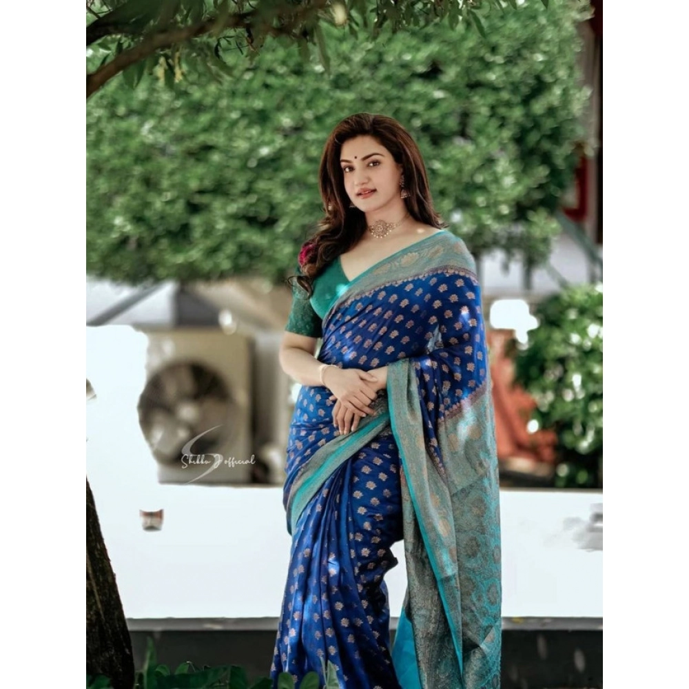 Women's Litchi silk Printed Saree With Unstitched Blouse (Navy Blue)