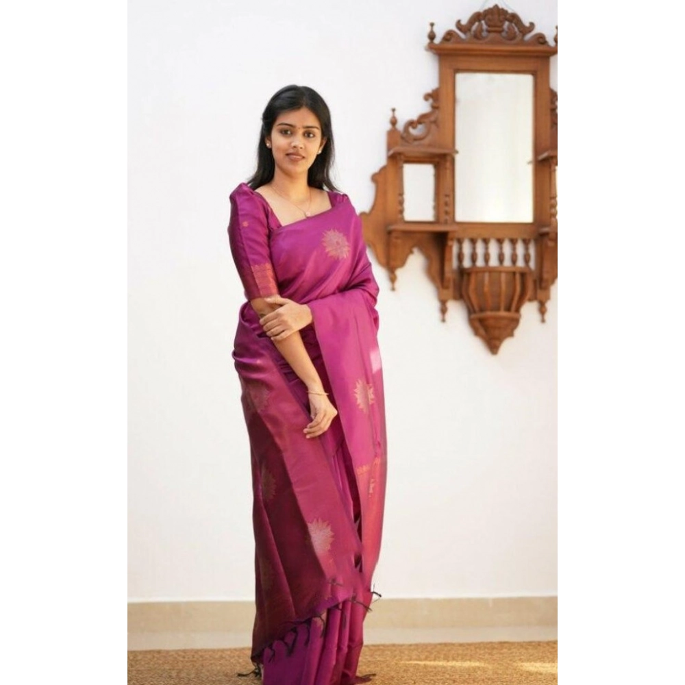 Women's Litchi silk Printed Saree With Unstitched Blouse (Dark Pink)