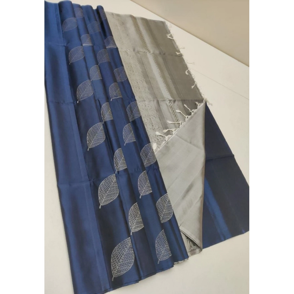 Women's Litchi silk Printed Saree With Unstitched Blouse (Dark Blue)