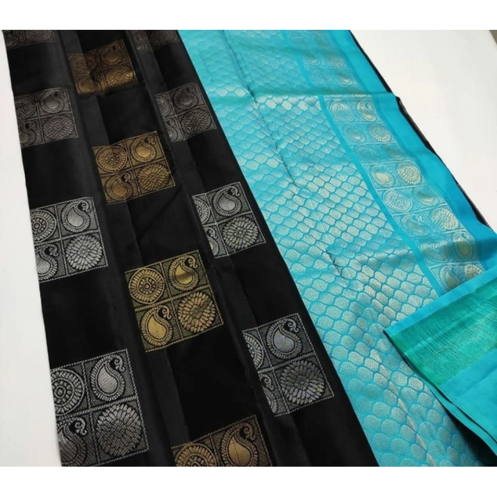 Women's Litchi silk Printed Saree With Unstitched Blouse (Black With Blue)