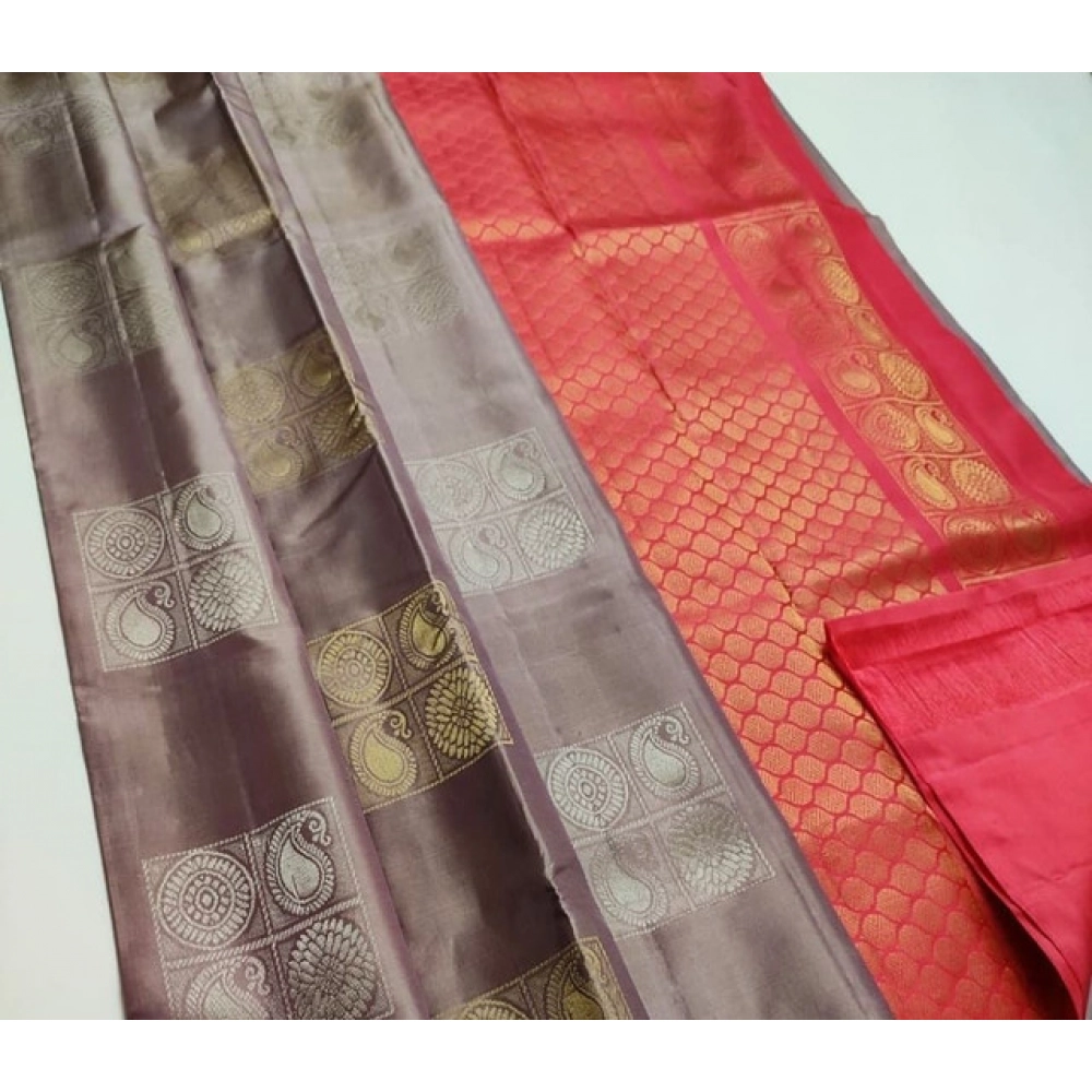 Women's Litchi silk Printed Saree With Unstitched Blouse (Brown With Orange)
